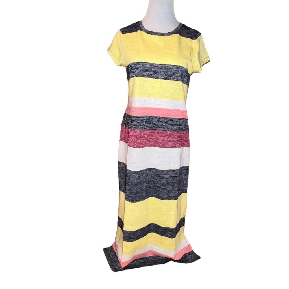 LOFT striped midi dress size M yellow blue pink side slits